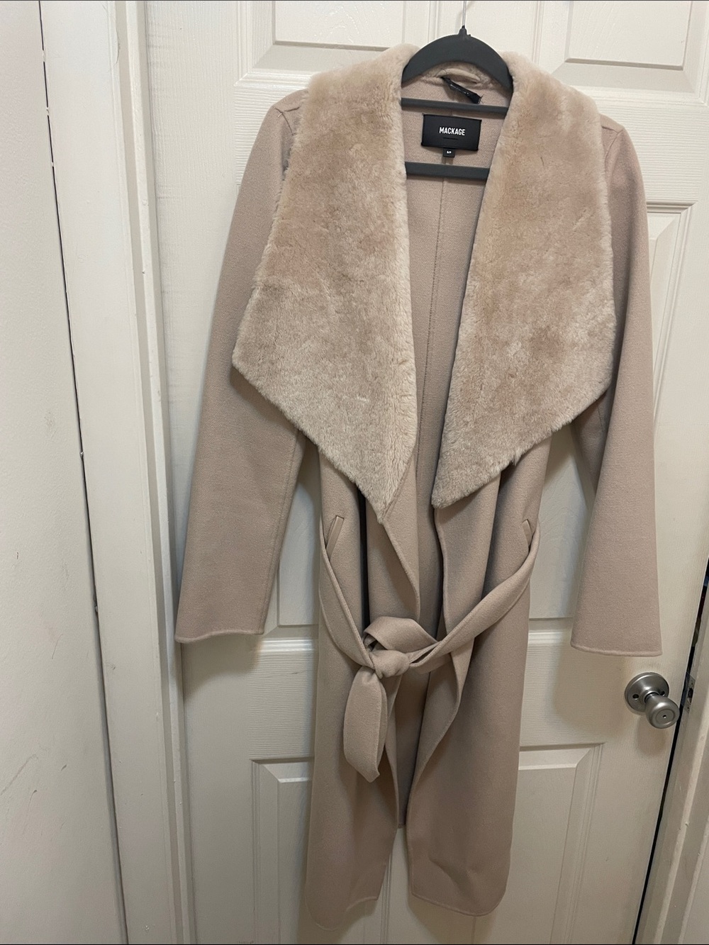 Mackage Taupe Wrap Trench Coat with Faux Shearling Collar